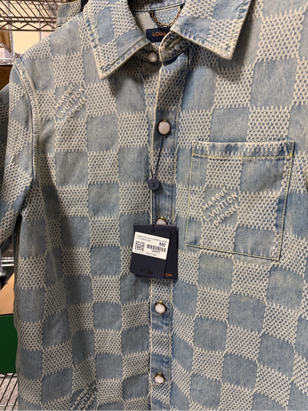 Louis Vuitton Men's Light Blue Checkerboard Denim Button-Down Shirt